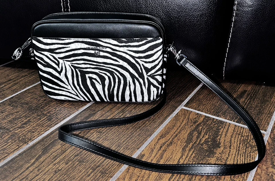 Michael Kors Jet Set Charm East West Leather Camera Crossbody BRT WHT MLT Zebra