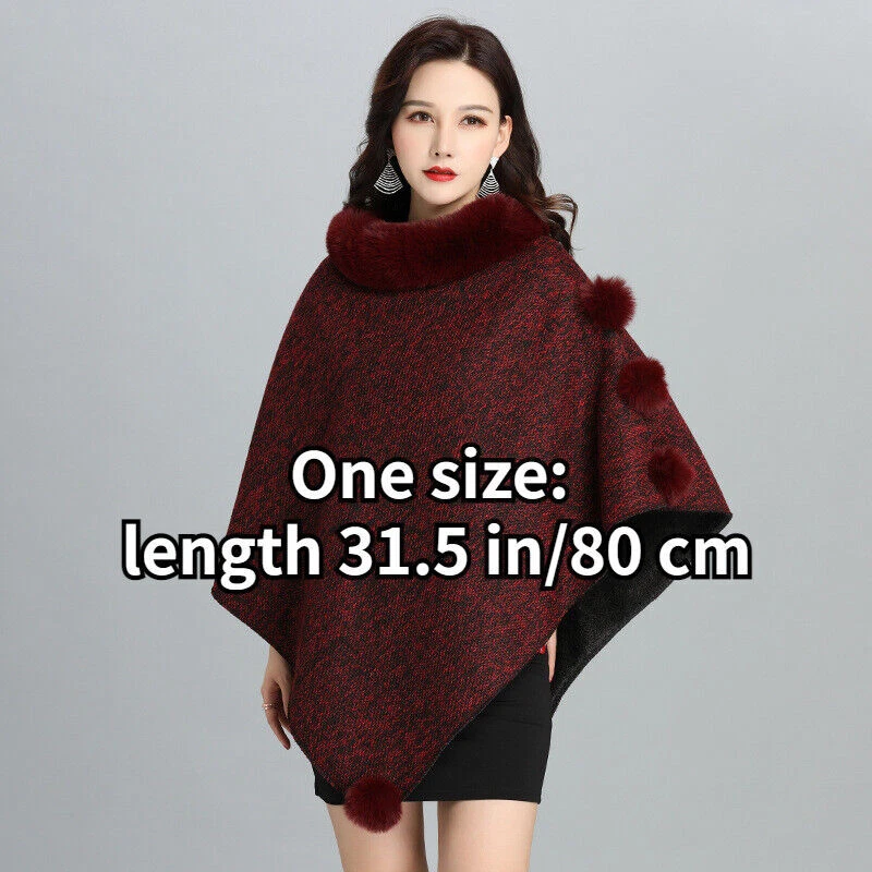 Women Faux Fur Shawl Thermal Loose Collar Cape Cloak Poncho Wrap Outerwear Shrug - Image 4 of 4