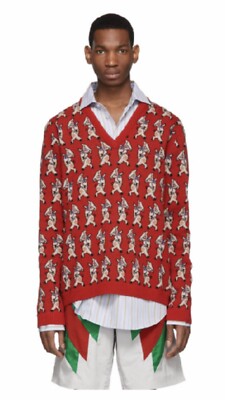 100% Authentic GUCCI Red Dancing Pig Print Wool V- Neck Sweater