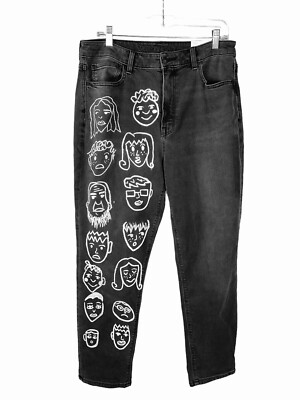 American Eagle Mom Jeans Size 12 Black Wash Painted Faces High Rise Stretch  New