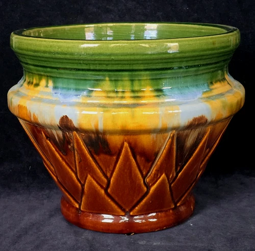 Large 11" McCoy Pottery Sunburst Pattern Jardiniere Colorful Art Deco 1920s