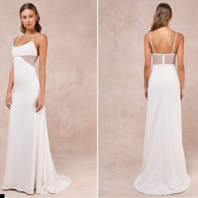 LULU's Wedding Bridal Elegant Sexy Pearl Accent Chic Gown with Train NWOT