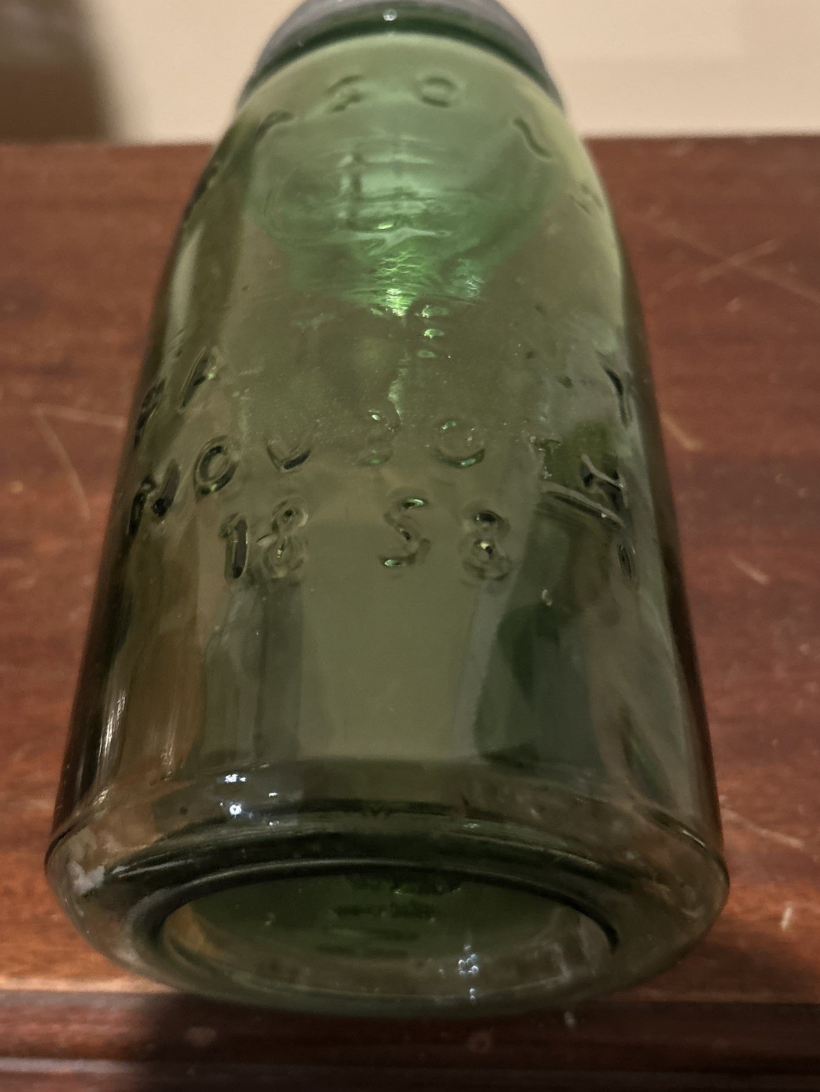 Vintage  Green Quart Mason's Patent Nov 30 1858 Canning Jar Zinc Lid H362