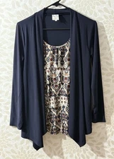 Naïf Women’s S Navy Blue Cardigan w/ Attached Batik Print Ruffle Blouse Top Set