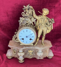 French Antique Gilt Mantle Clock With Period Hunter Figure