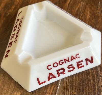 LARSEN COGNAC ASHTRAY Vintage Ash Tray Branded Antique Barware White And Red
