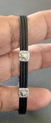 ALOR 18K White Gold 2 Station Diamonds Black Stainless Steel Cable Bracelet (L37