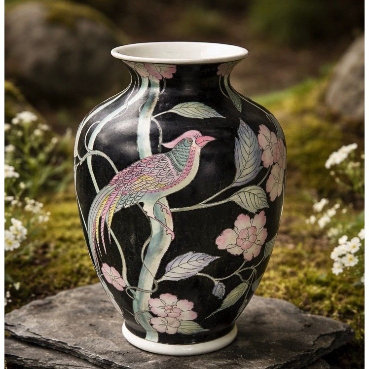 Vintage WBI Chinese Porcelain Vase Mate Black Bird Cherry Blossom