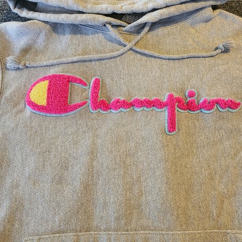 Champion Reverse Weave Hoodie Patch Spellout Logo Gray Pullover Men’s Adult S - Picture 2 of 10