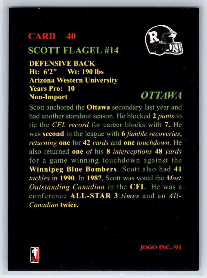 1991 JOGO CFL Scott Flagel Ottawa Rough Riders #40 - Image 2 of 2