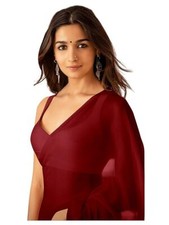 Women's Solid Plain Georgette Saree With Unstitched Blouse Piece- Maroon