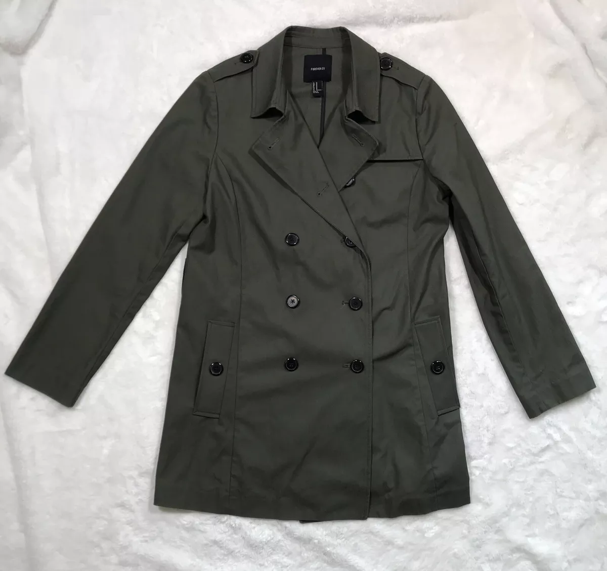 Women s Forever 21 Army Green Trench Coat Mid Length Vents M Cotton