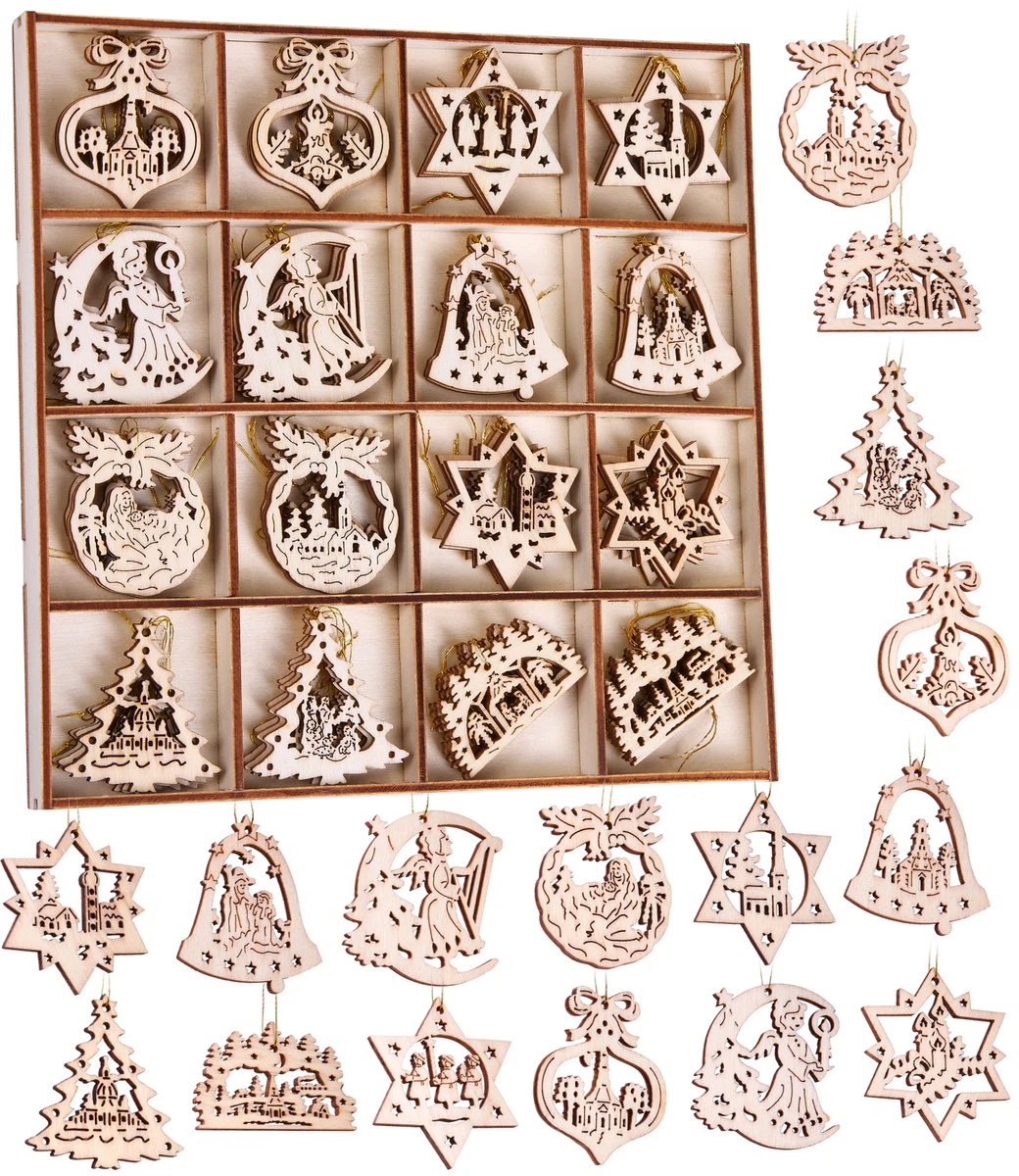60 Pezzi Decorazioni Albero di Natale in Legno, Natale Appeso Ornamenti Decorazione, Albero a Testa Tonda, Alce, Fiocco Neve, Stella a Cinque Punte