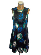 COAST DRESS 12 BLUE GREEN BLACK Floral Twill Pleated A-Line Stretchy Midi Casual
