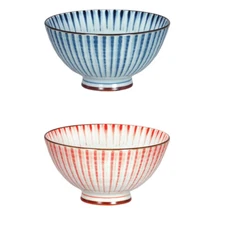 SET of 2 Japanese Rice Soup Bowl 4.5"D Porcelain Red Blue Nami Tokusa JAPAN MADE