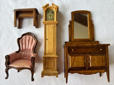 Miniatures Lot 4 Grandfather Clock Chair Bench Dresser Mirror