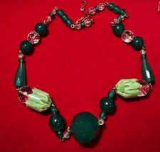 Collier Vintage Exquis En Perles De Verre En Onyx Vert Et Lucite 18" DE9