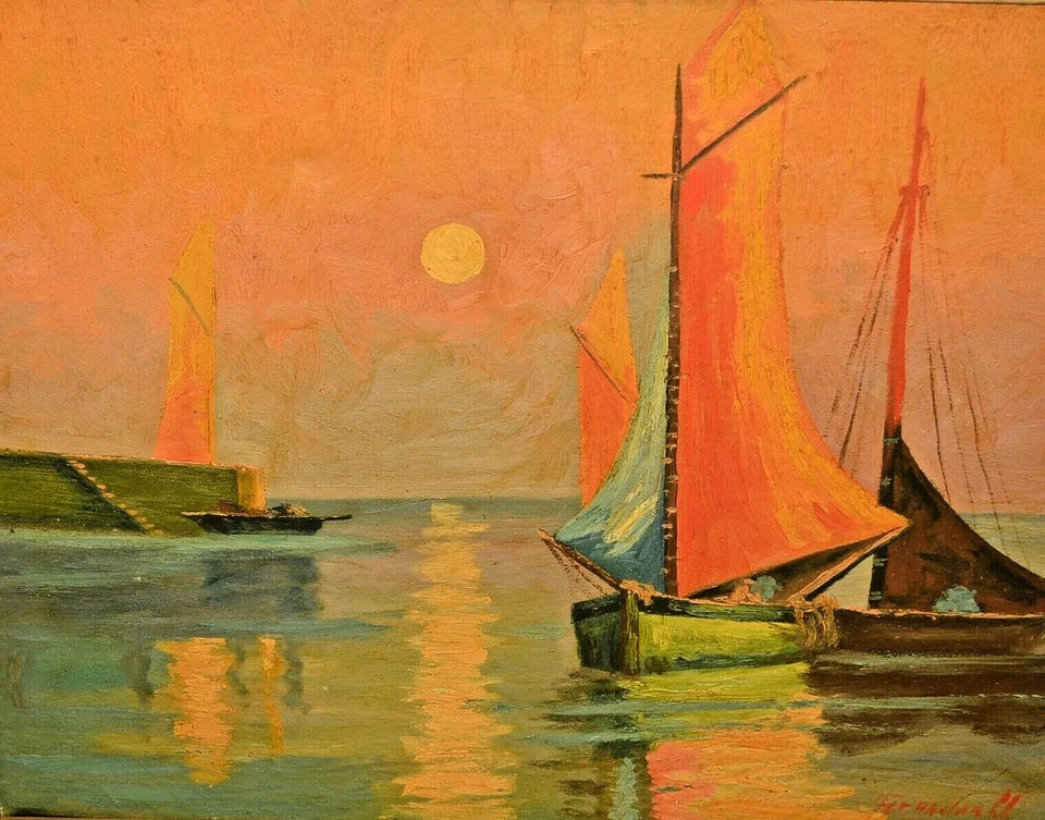 Pintura al óleo paisaje marino ASA RANDALL original vintage firmada velero puerto barco Foto 2 de 4