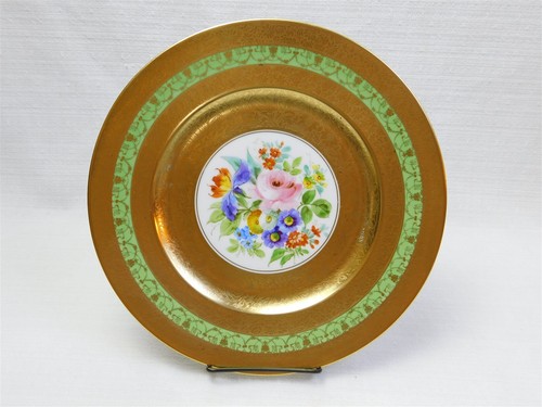 8 Royal China Limoges France HP Green Floral 22k Gold Rims 10.75" Cabinet Plates - Picture 9 of 17
