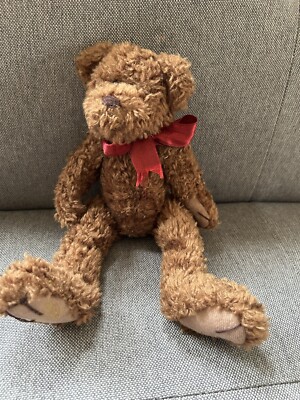 Vintage T.C. Dawson stuffed plush bear brown color with maroon bow Big Feet