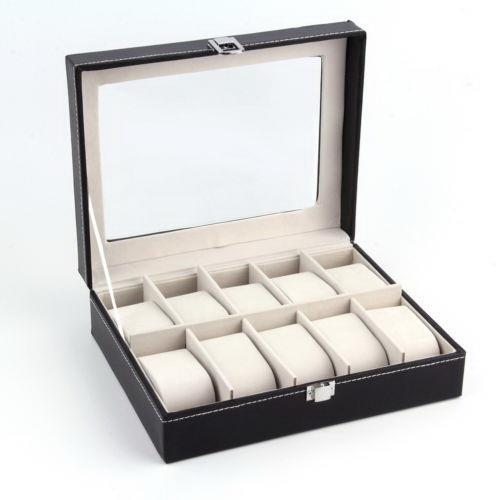 Portable 10 Slot Watch Box Leather Display Case Organizer Glass Jewelry Storage - Picture 4 of 7