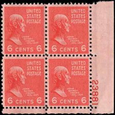 US Scott # 811, John Quincy Adams, Plate Block of 1938 6¢ Stamps, MNH