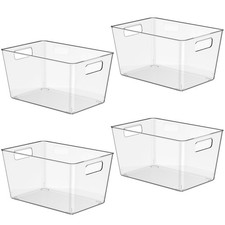 4 Pack Clear Plastic Storage Bins, 11" Large Pantry Organizer Bins with Handl...