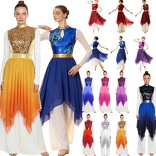US Womens Modern Lyrical Dance Dress Praise Worship Gown Shiny Sequin Dancewear