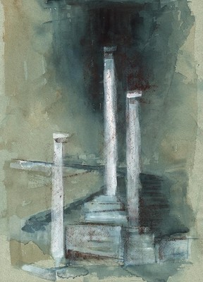 DOROTHY KIRKBRIDE ABSTRAKTES Aquarell Gemälde um 1980 GRIECHISCHE LANDSCHAFT