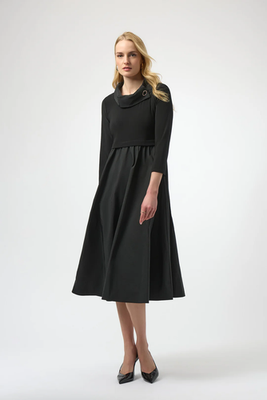 Joseph Ribkoff Black Overlap Collar 3/4 Sleeve Fit and Flare Dress 254207