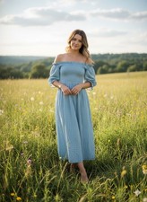 NWT Reformation Arianna in Celadon Stripe Off Shoulder Smocked Midi Dress M