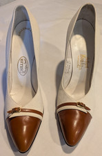 VTG I. Miller White/Brown Pebbled Leather Spectator Pumps 1950s Buckle Size 7AAA