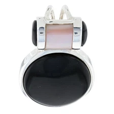Sterling Silver Onyx & Mother of Pearl Circle Slide Pendant - 925 Cabochon Cut