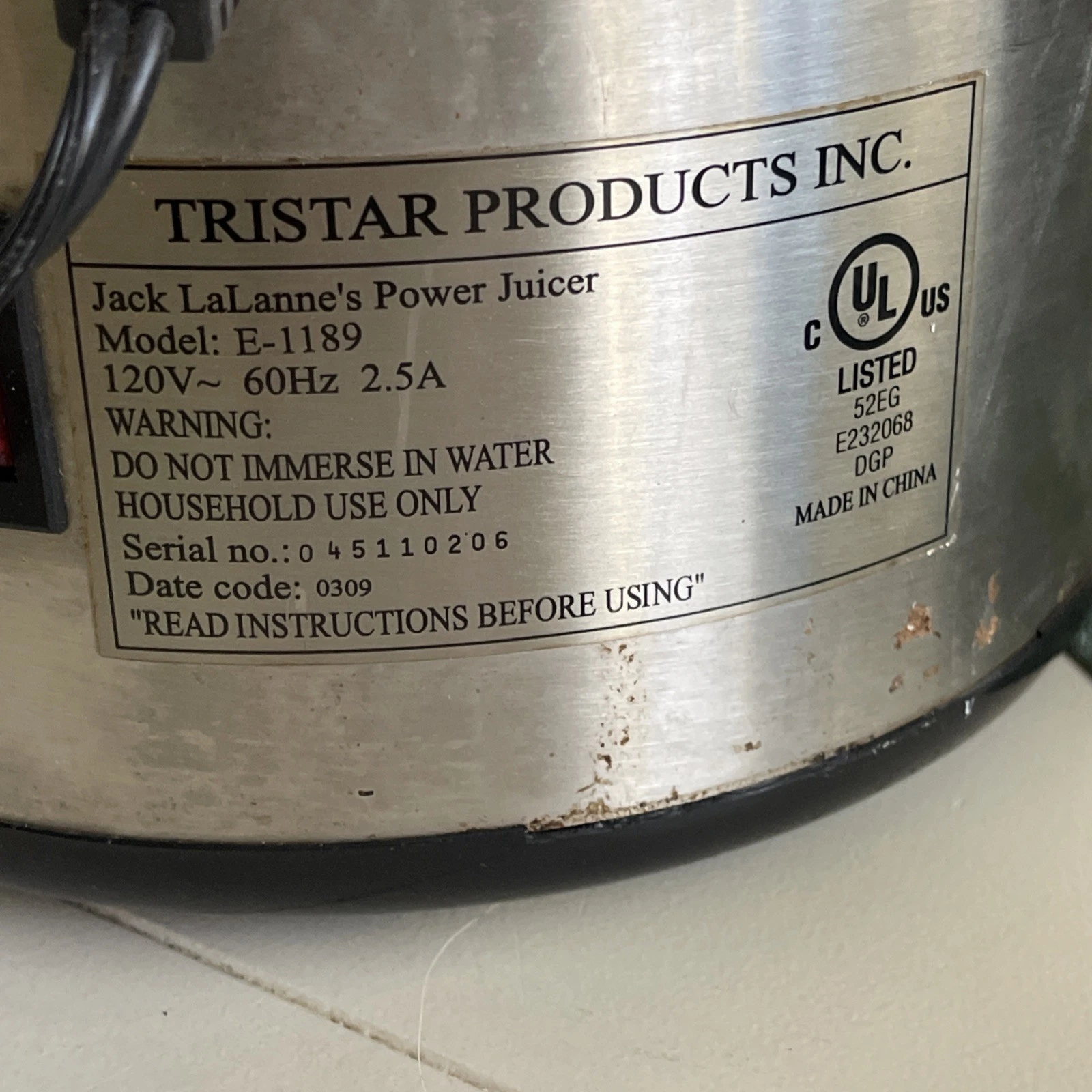 Jack LaLanne's Power Juicer Pro Stainless Steel Model E-1189 Centrifugal Juicing