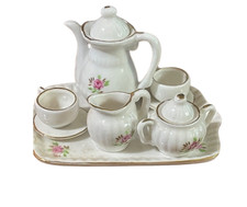 VTG Porcelain Miniature 10 Pieces Tea/ Coffee Set Pink Rose Pattern Gold Trim