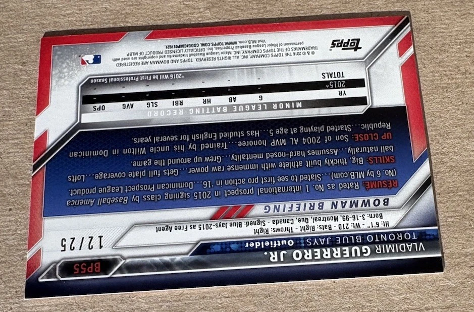 VLADIMIR GUERRERO Jr. 2016 Bowman 1st Orange #12/25 - SSP - Blue Jays - Rookie Foto 4 de 4