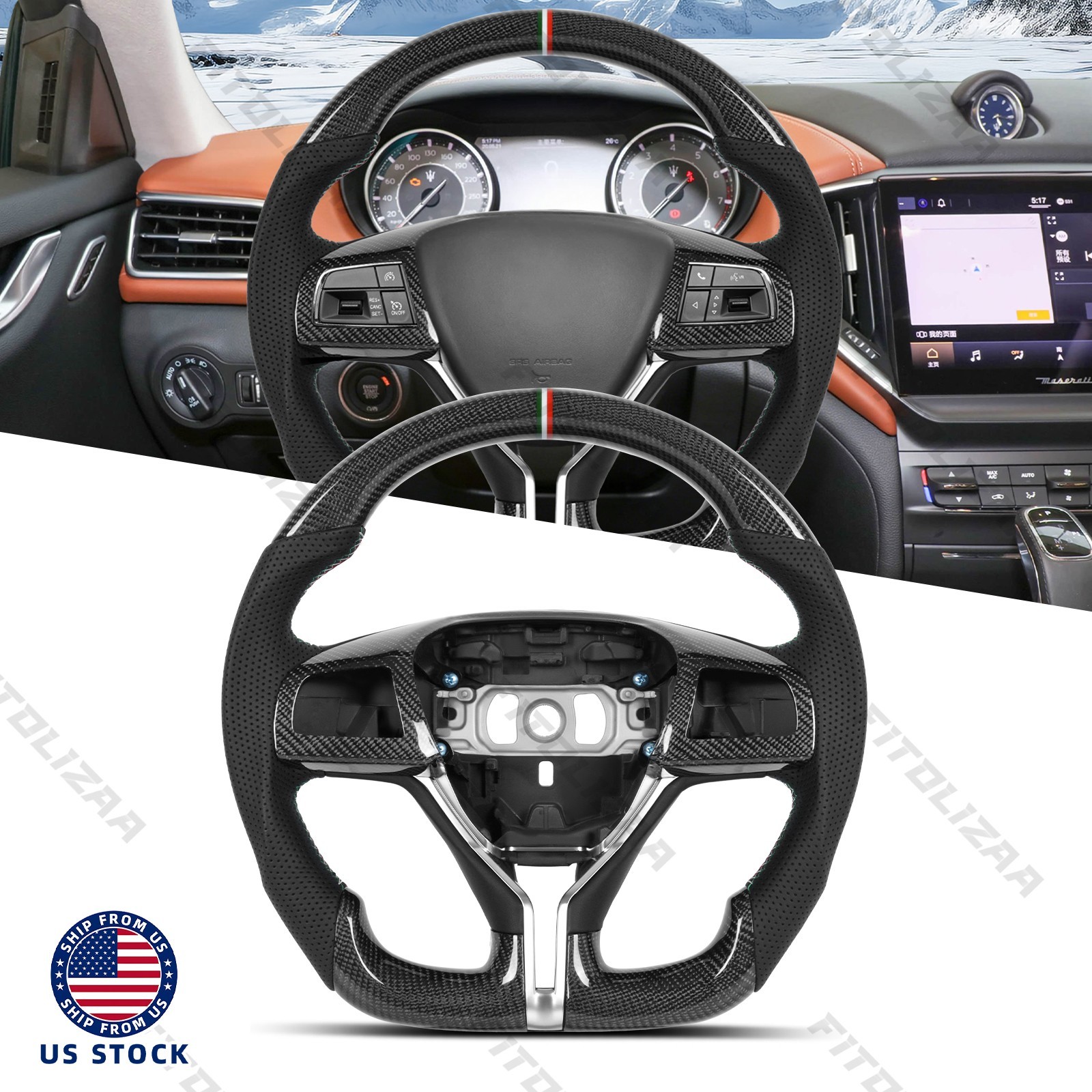 Real Carbon Flat Bottom Steering Wheel + Trims For Maserati Ghibli Levante 14-26