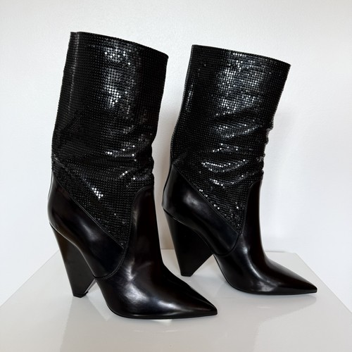  Saint Laurent Niki Chainmail Mid-Calf Cone Heel Boots – Black EU 40 RRP £1,540