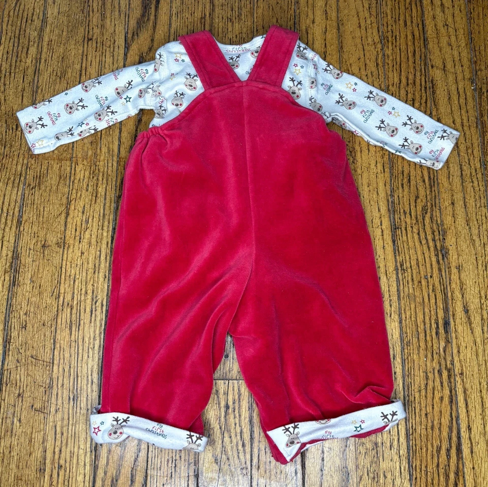 Vintage Red Velour Overalls w Top Baby Set 3 - 6 Months Reindeer First Christmas - Image 4 of 4