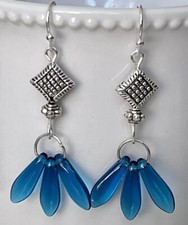Etched Silver and Sea Glass Blue Teardrop Earrings.