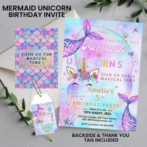 Brillo Neón Sirena Unicornio Cumpleaños 4 en 1 Video Invitación Frontal y Etiqueta de Gracias Foto 2 de 4
