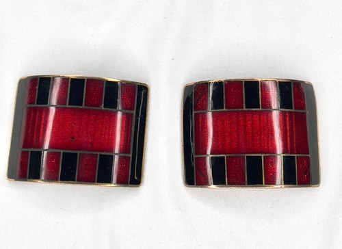 Antique 1920s-30s Cloisonné Shoe Buckles Red & Black Enamel Chic Art Deco Pair - Picture 7 of 9