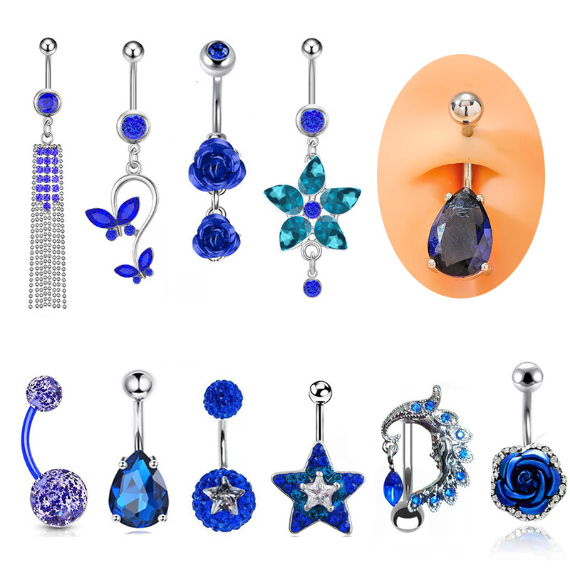 Exquisite Blue Rhinestone Tassel Navel Ring Stainless Steel Belly