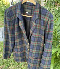 Vtg Cherokee Womens Tartan Blazer Jacket Wool Blend L Green Navy Red Plaid Usa