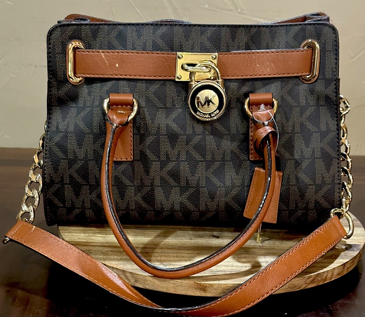 Michael Kors Tan and Gold Interior Bag Michael Kors Signature Monogram Satchel Bag in Tan and Brown  main image 3