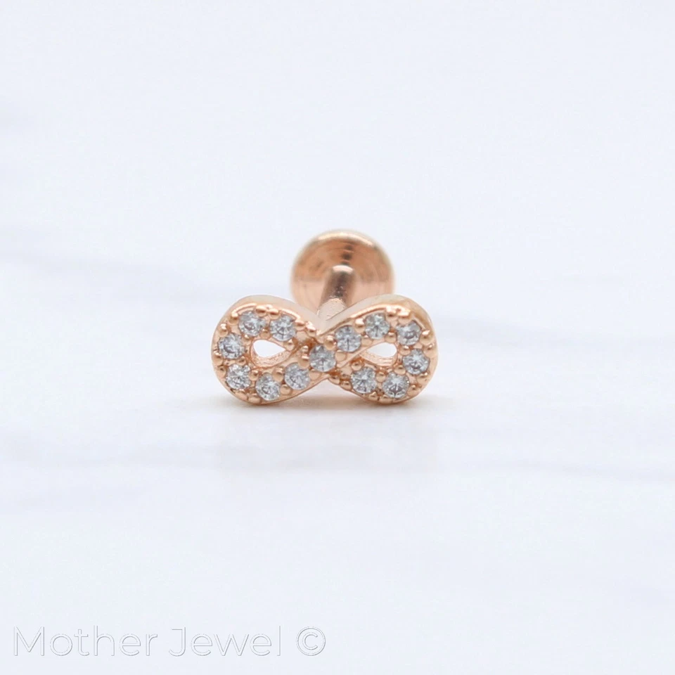 SIMULATED DIAMOND INFINITY SILVER 14K ROSE YELLOW GOLD IP 8MM CARTILAGE STUD - Image 4 of 4