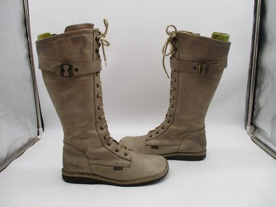 Kickers Tan Leather High Calf Boots Round Toe w/Buckles Flat Heel Women's EU 41