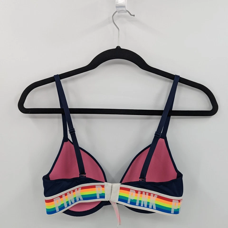 Victoria's Secret PINK Bra  32C Blue Colorful Logo T-shirt Lightly Lined - Image 2 of 4