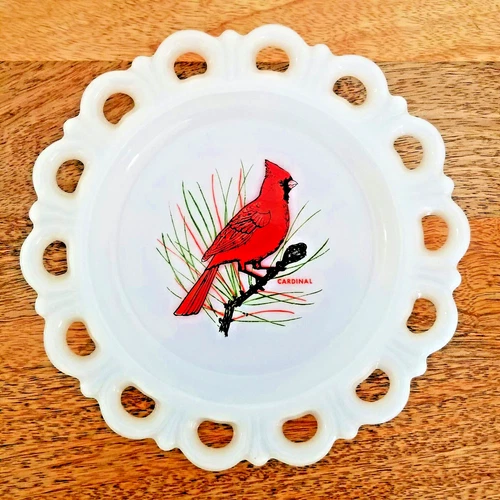 Milk Glass Opaque White Scallop Lace Plate Cardinal Painted Bird Vintage 8" RARE