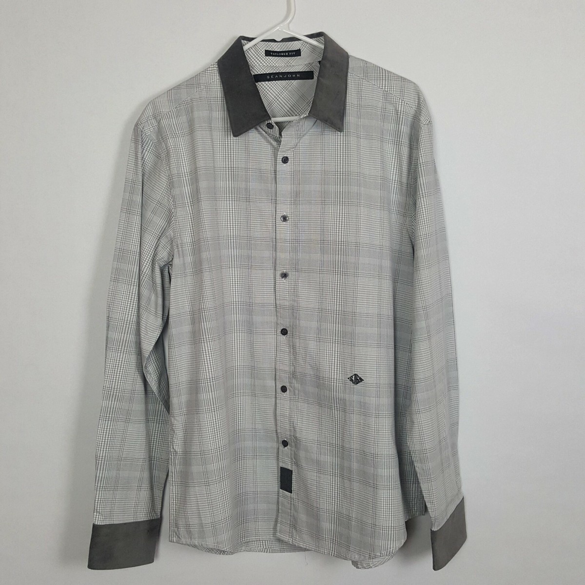 Sean John Velvet Trim Collar Cuffs Gray Plaid Tailored Fit Dress Shirt Sz L